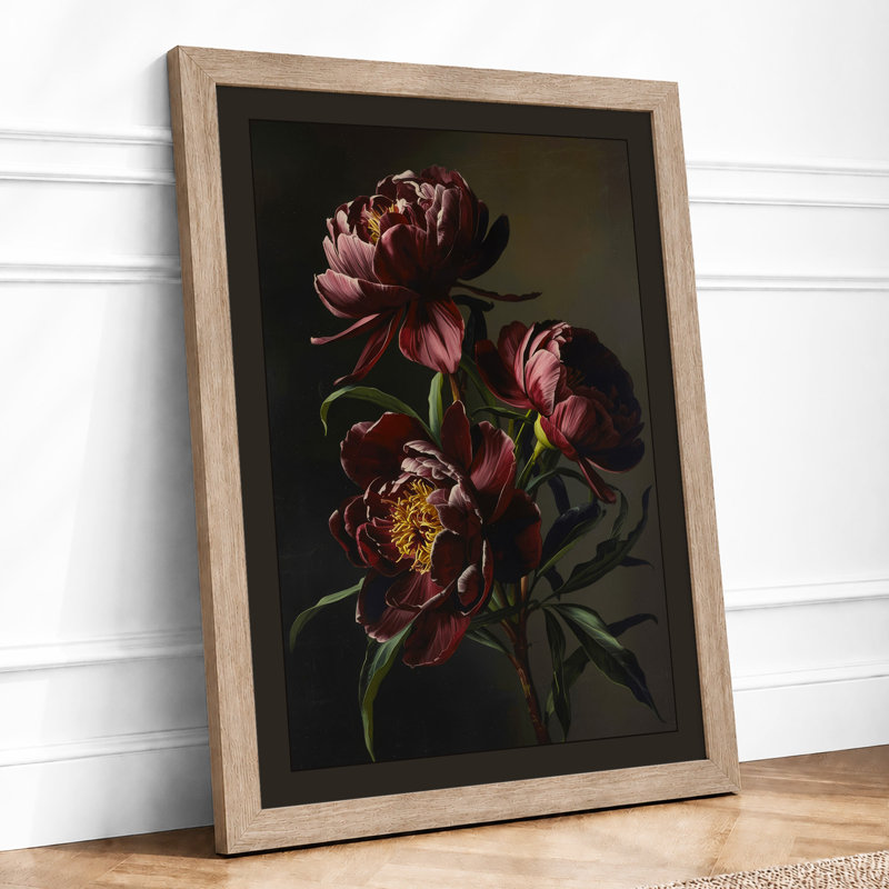 Dark Peonies Botanical - Framed Print, A2 - 59.4 x 42.0 cm, Oak