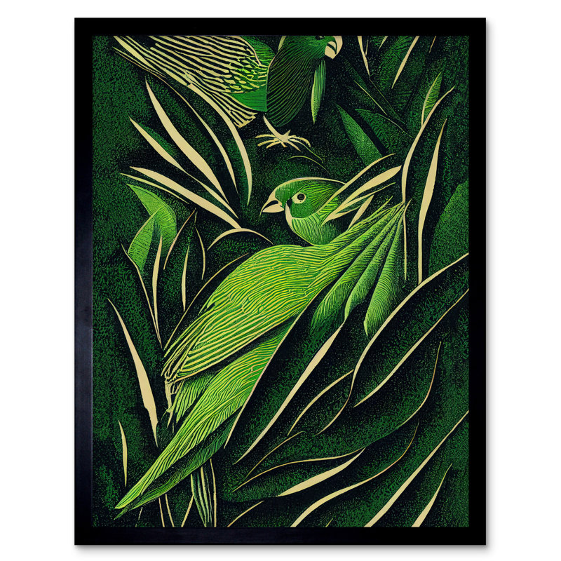 Green Retro Jungle Tropical Leaves Parrots - Single Picture Frame Print, 43.7cm H x 33.5cm W x 1.5cm D