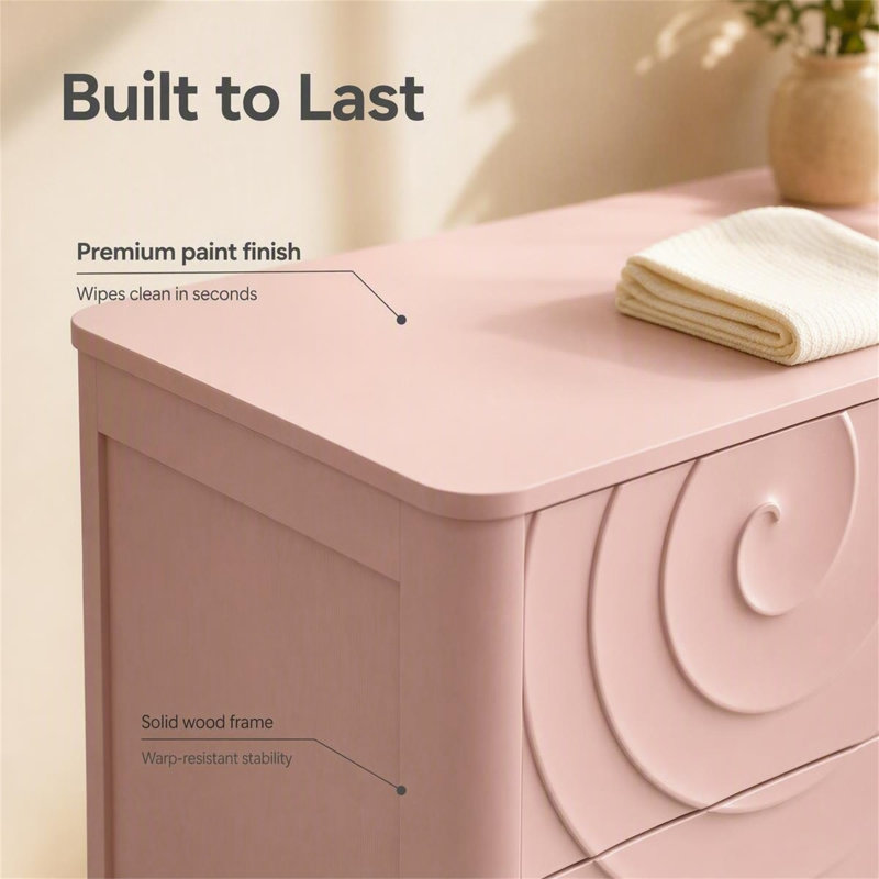 Commode 6 tiroirs de 46,5 po de largeur avec rangement moderne en bois Ripple, Rose