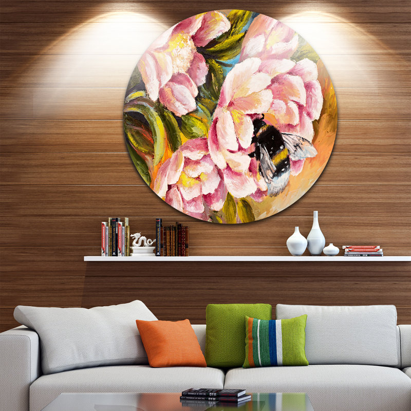 Large Round Metal Wall Art with Colorful Floral and Bee Design