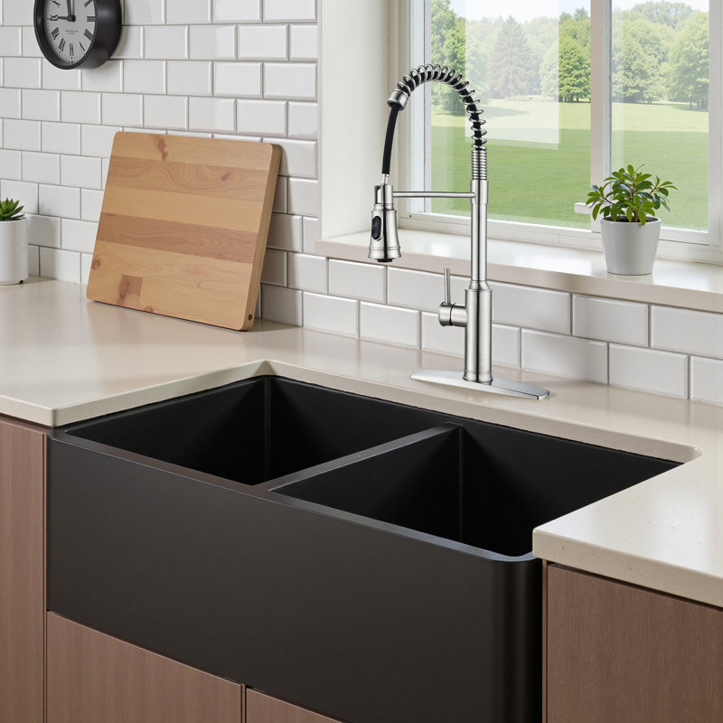 Robinet de cuisine rétractable à poignée simple avec accessoires, Nickel brossé