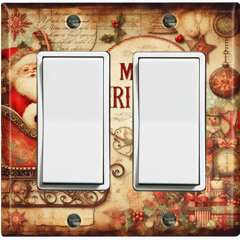 Metal Light Switch Plate Outlet Cover (Santa Claus Merry Christmas Biege - Double Rocker)