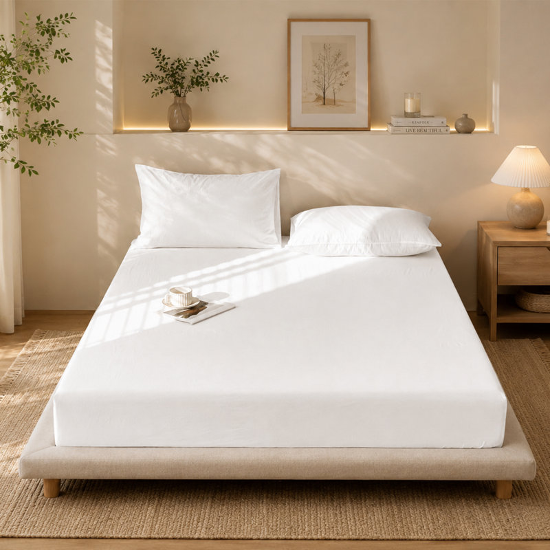 Moomee Fitted Sheet with Pillowcases 3-Piece Set 100% Washed Cotton Linen Like Textured, Bright White