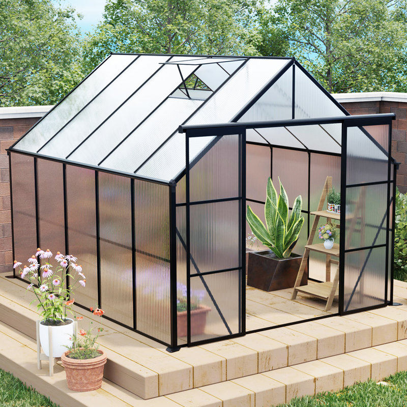 8X10ft Double Door Polycarbonate Greenhouse Raised Base And Anchor Aluminum Heavy Duty Walk-In Greenhouses, Black