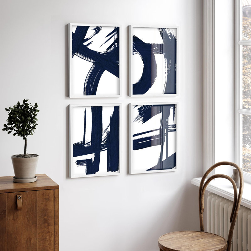 "Décoration murale moderne minimaliste à motif abstrait coups de pinceau", 4 pièces, Blanc, H 28 po x l 22 po