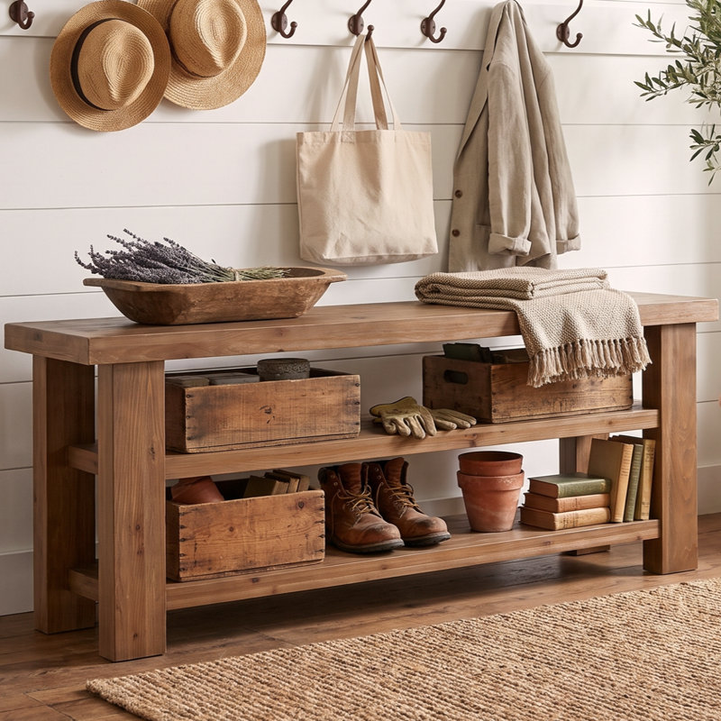Banc de rangement pour chaussures 63 po en bois massif, banc d'entrée de ferme avec tablettes de rangement ouvertes à 2 niveaux pour la chambre à coucher, le couloir, le vestibule