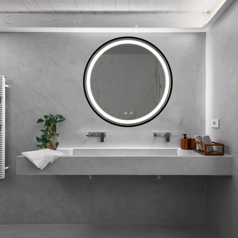 Miroir de salle de bain pour salle de bain avec fond de panier, cadre en alliage d'aluminium noir, luminosité élevée, tactile à intensité variable, contrôle de l'interrupteur mural, antibuée, CRI 95 réglable 3000K-4500K-6000K, miroir
