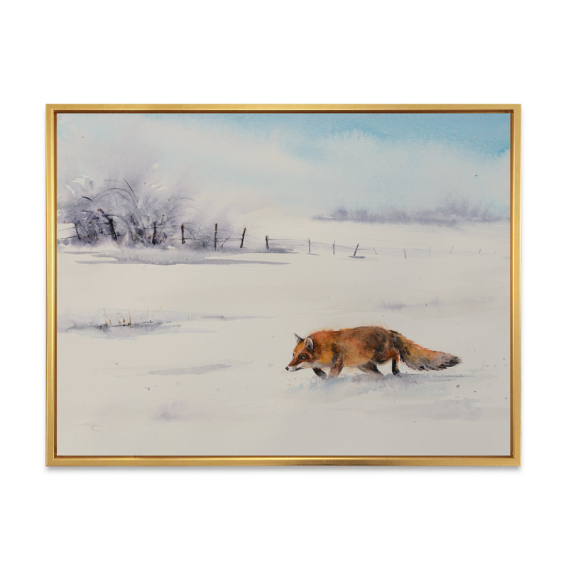 Renard roux courant dans la neige blanche I - Peinture sur toile, H 12 po x l 20 po x p 1 po, Toile encadrée d'or