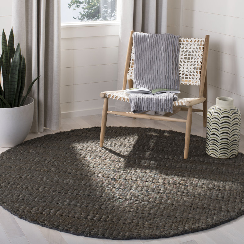 Paucar Natural Fiber Hand Woven Jute/Cotton Solid Color Rug in Charcoal Gray, Round 4'