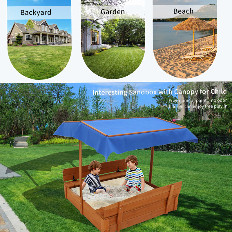 House On Tree 42.9'' x 42.9'' Solid Wood Square Sandbox, Dark Blue