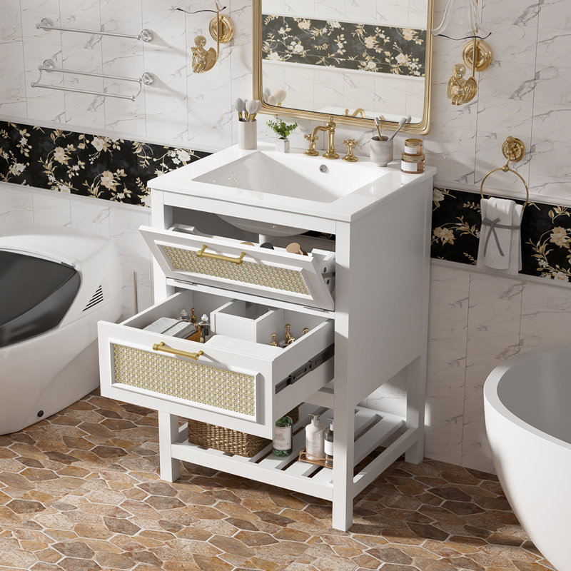 Armoire de salle de bain avec 1 tiroir profond, 1 tiroir basculant, lavabo simple, Blanc