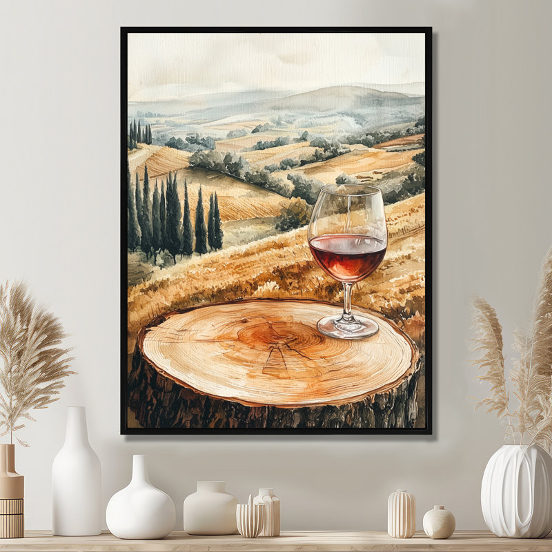 «Gracilyn Vineyard with Glass Of Wine In Provence Landscape III», reproduction d'art sur toile, Noir, H 20 po x l 12 po
