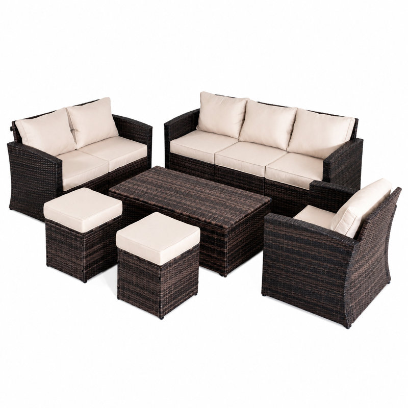 Brown Pe Rattan Modular Garden Sofa Set With Waterproof Storage Coffee Table, Powder-coated Iron Frame