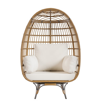 Oversized 360° Swivel Rattan Chair w/ Beige Cushion – Weatherproof PE Wicker, Steel Frame – for Patio, Garden & Indoor Use