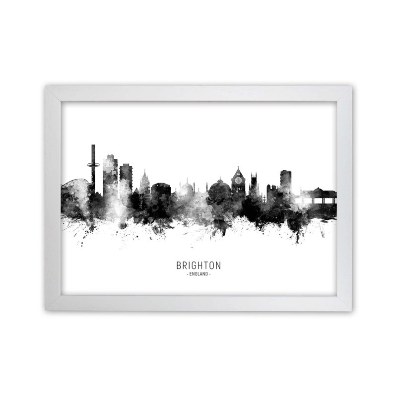 Brighton England Skyline Black White City Name by Michael Tompsett - Print, 25cm H x 34cm W x 3cm D, White Framed