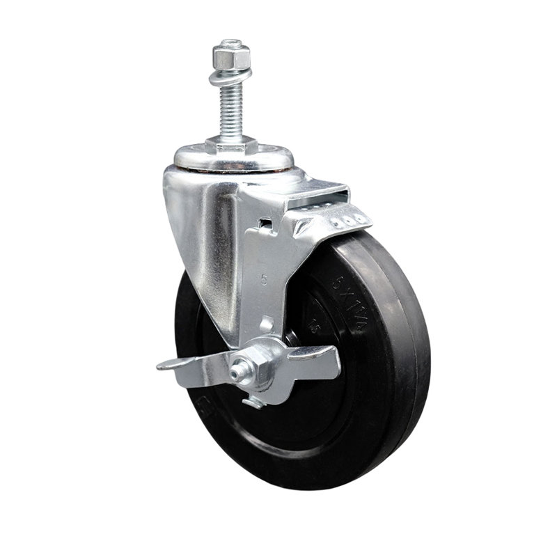 5 Inch SS Soft Rubber Wheel Swivel 10mm Threaded Stem Caster with Brake SCC