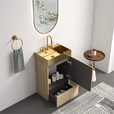 Meuble-lavabo rayé en chêne clair Gada de 20 po avec lavabo vasque en métal doré brossé intégré, armoire de salle de bain autoportante pour salle de bain moderne, lavabo une pièce en métal doré sans robinet, KD