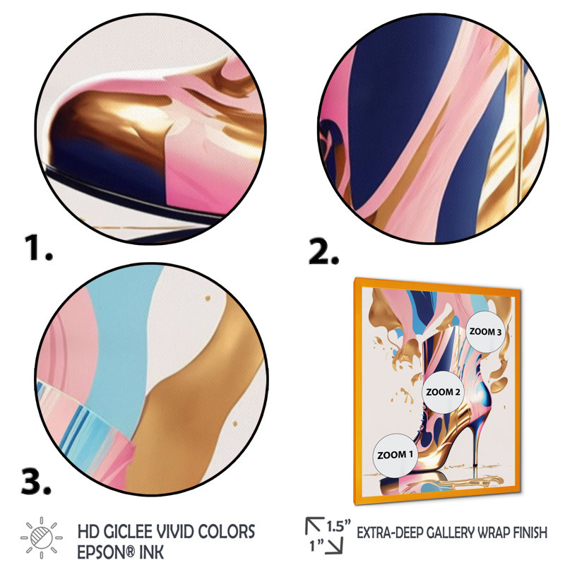 Rose et bleu déco, bottes à talons hauts III - Impression sur toile, Encadrement doré, H 32 po x l 16 po x P 1 po