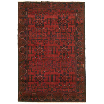 Tapis unique en laine noué à la main style Esari Turkoman des années 2010 de 4 pi 1 po x 6 pi 4 po rouge Quayshun