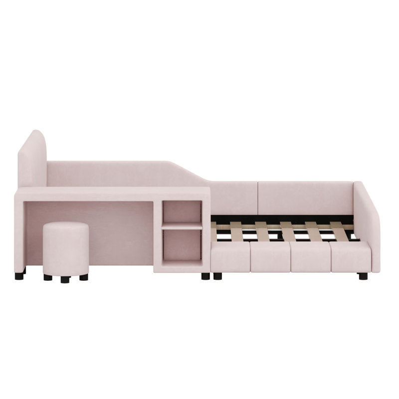 Lit tapissier à la terre, lit mère et enfant avec bureau de chevet et petit tabouret rond, Rose