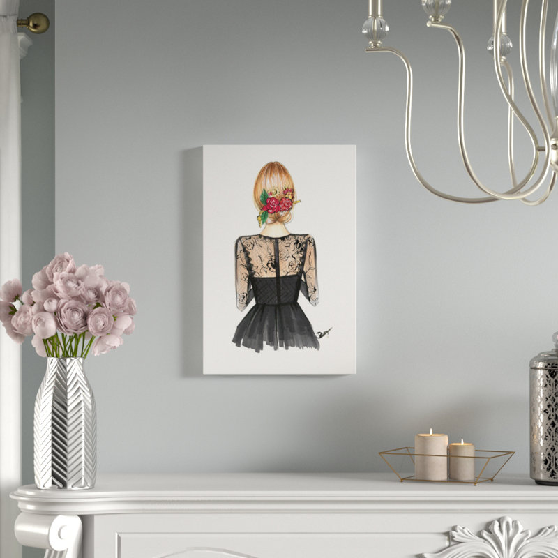 Noir dentelle et rose, reproduction d’art sur toile tendue, H 26 po x l 18 po x P 1,5 po, Toile avec cadre noir, Pas de tapis