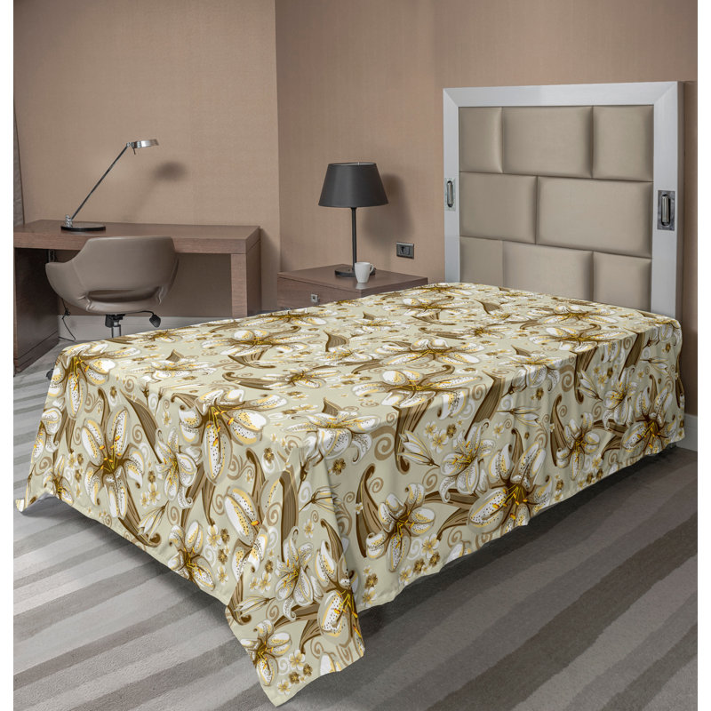 Ambesonne Top Flat Sheet Curving Art, White Yellow Beige Floral, Twin XL Flat Sheet