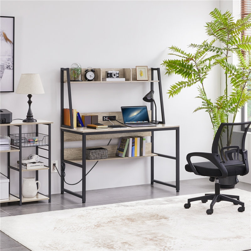 Metal Base Writing Desk with Power Outlet, Gray