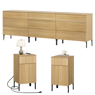 5-Piece Bedroom  Set, 3 Three-Drawer Dressers  2 Nightstands with Charging Stations, Fluted Wood Bedroom Storage Set with Metal Legs, Modern Bedroom