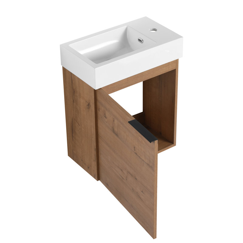 Meuble-lavabo mural de 18 po avec lavabo en résine blanche et porte à fermeture douce - qualité moderne mettant en valeur un grand espace de rangement en contreplaqué
