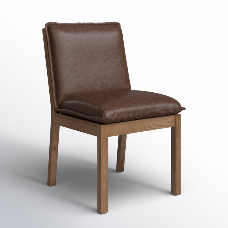 Wautoma Linen Upholstered Dining Chair in Beige, Brown Genuine Leather