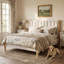 Lit tapissier scandinave capitonné avec cadre en bois massif, grand, lin beige-675234331-675234333