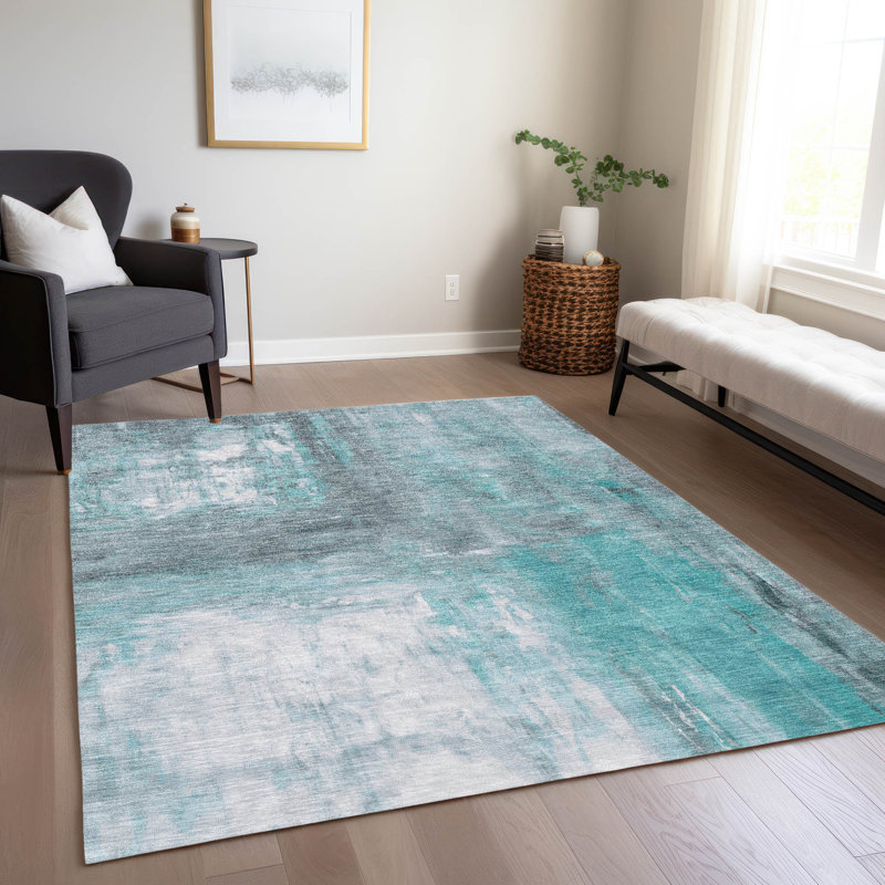 Teal and Gray Abstract Washable Synthetic Rug, 2'6" x 3'10"