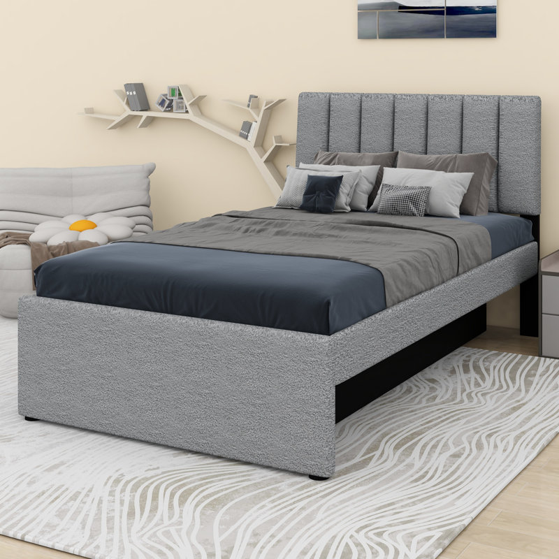 Lit plateforme tapissier avec lit gigogne, Gris