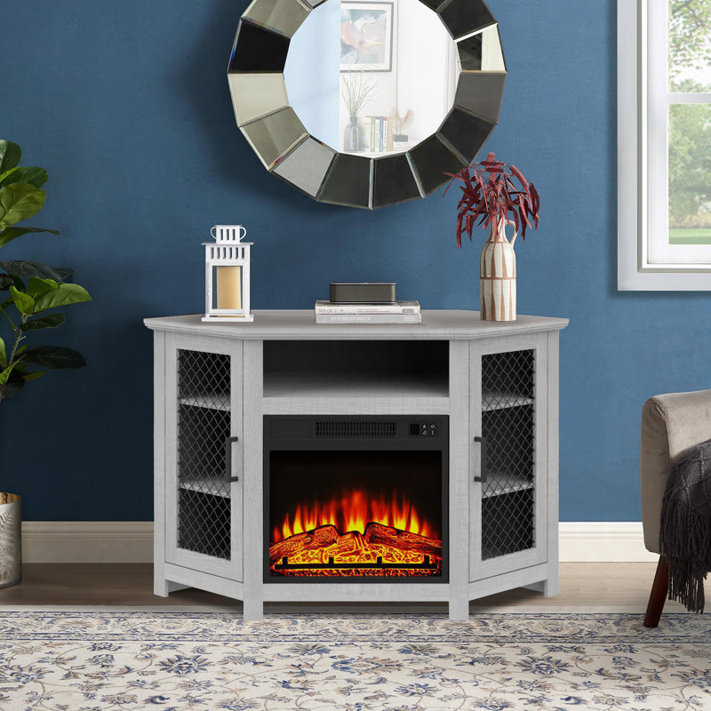  Corner TV Unit Stand fits TVs up to 55" With 18" Electric Fireplace Included, Grey