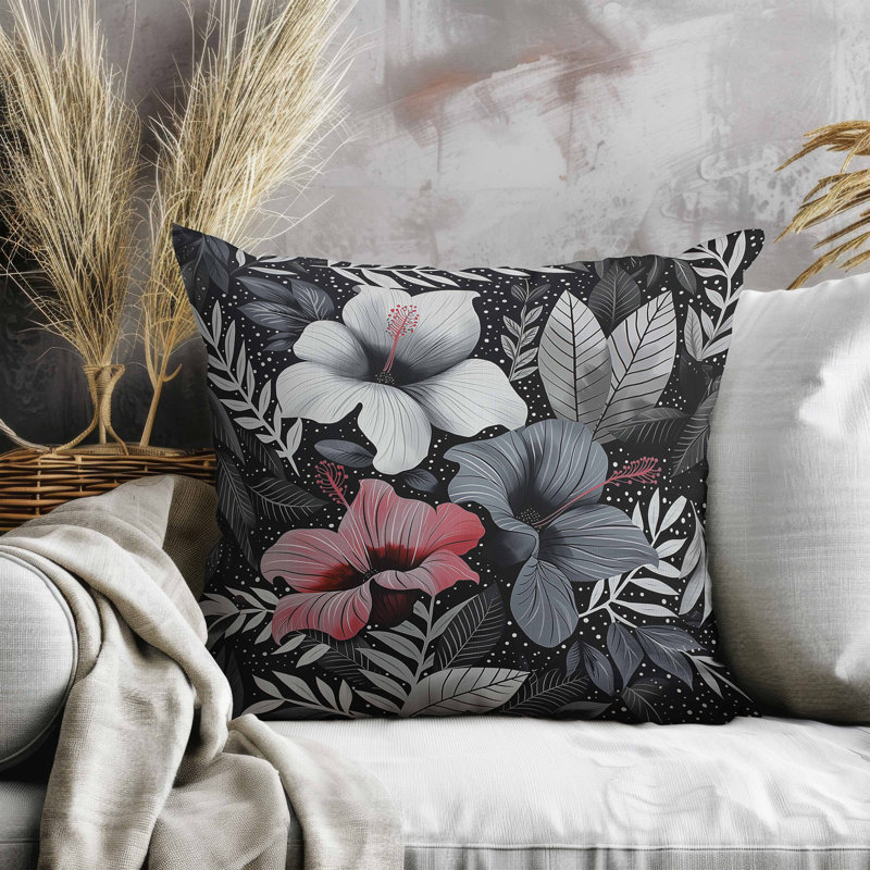 Coussin en suède à motif floral, Gris, Carré 26 po
