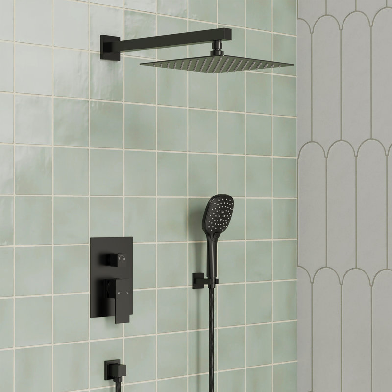 Système de douche à pression équilibrée, robinet de douche à pluie de 10 pouces avec valve brute, Noir mat, 2.5