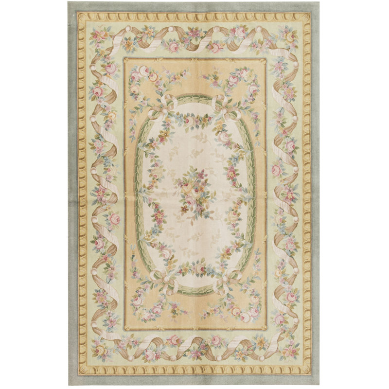 Tapis ivoire et vert clair noué à la main de haute qualité