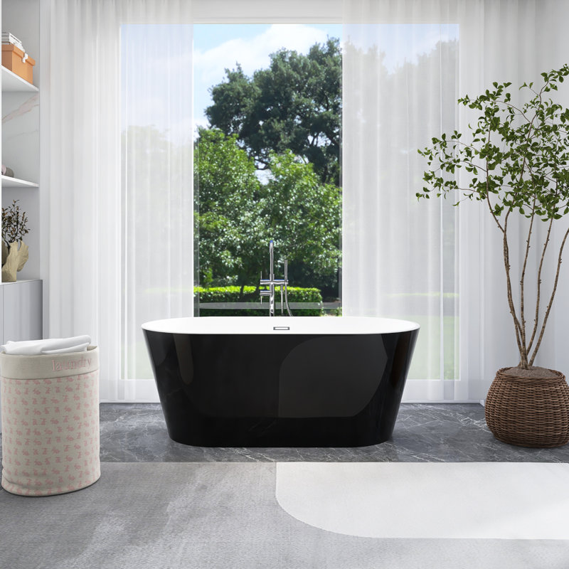 67 po X 31 po Baignoire de trempage autoportante en acrylique avec drain central en noir brillant