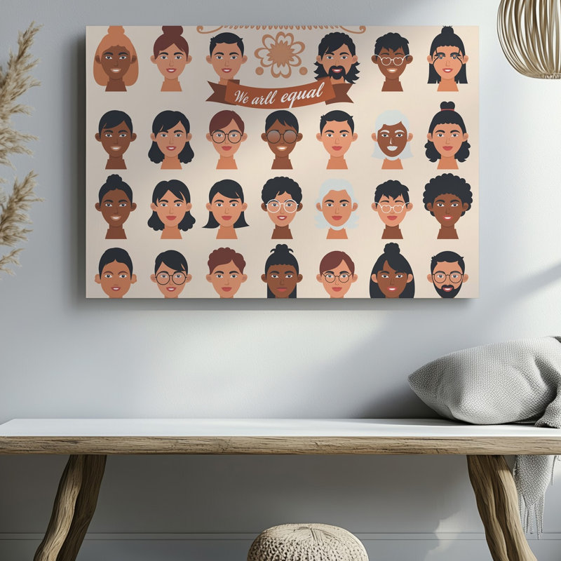 La toile crée une illustration vibrante et inclusive mettant en vedette un groupe d'art mural composé de visages stylisés représentant divers art mural sur toile
