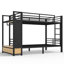 Lit superposé simple TG au-dessus de simple TG pour adolescents avec tiroirs, tablettes et panneau perforé latéral, noir