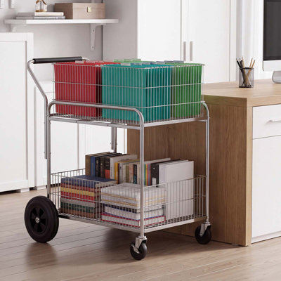 Chariot à dossiers roulant à 2 niveaux avec roulettes verrouillables, supportant une charge de 120 kg (264,55 lb), dimensions : 95,5 x 57 x 96,5 cm (37,6 x 22,4 x 38 po), chariot utilitaire robuste pour le rangement de dossiers.
