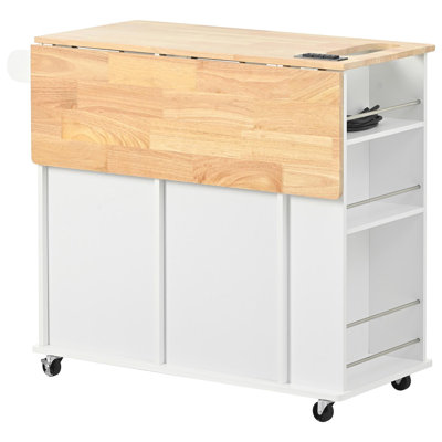 Îlot de cuisine avec prise de courant, îlot de rangement avec abattant et bois d'hévéa, rangement ouvert et support à vin, 5 roulettes, avec rangement réglable pour la maison, la cuisine et la salle à manger, blanc