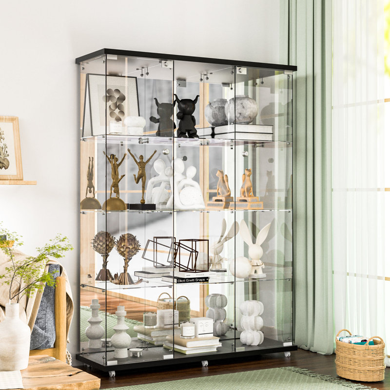 Anneliesse 4-Shelf Glass Display Cabinet with Mirrored Back, 3-Column Tempered Glass Display Case, Black
