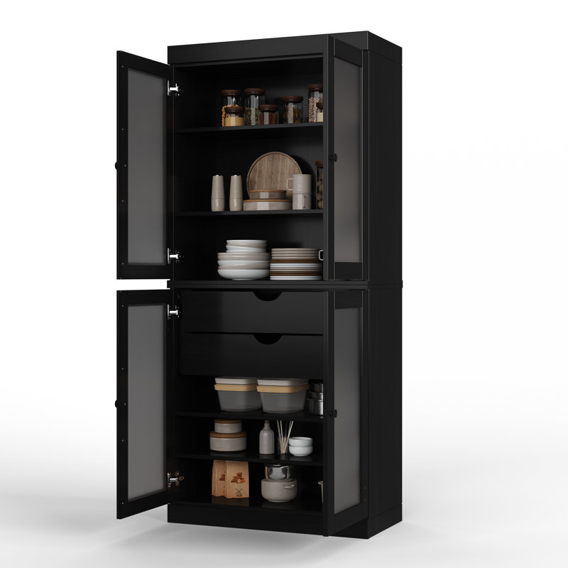 Garde-manger 100% bois massif 32 po avec portes en verre givré et 2 tiroirs, Noir