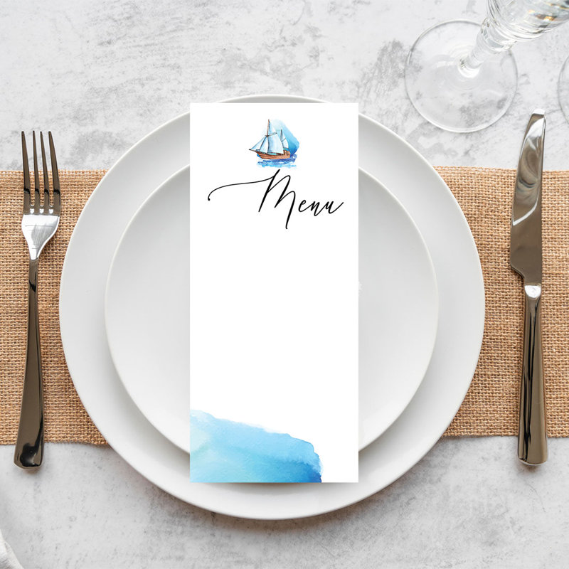 Carte de menu de mariage nautique imprimable en papier pour imprimante de bricolage, paquet de 52