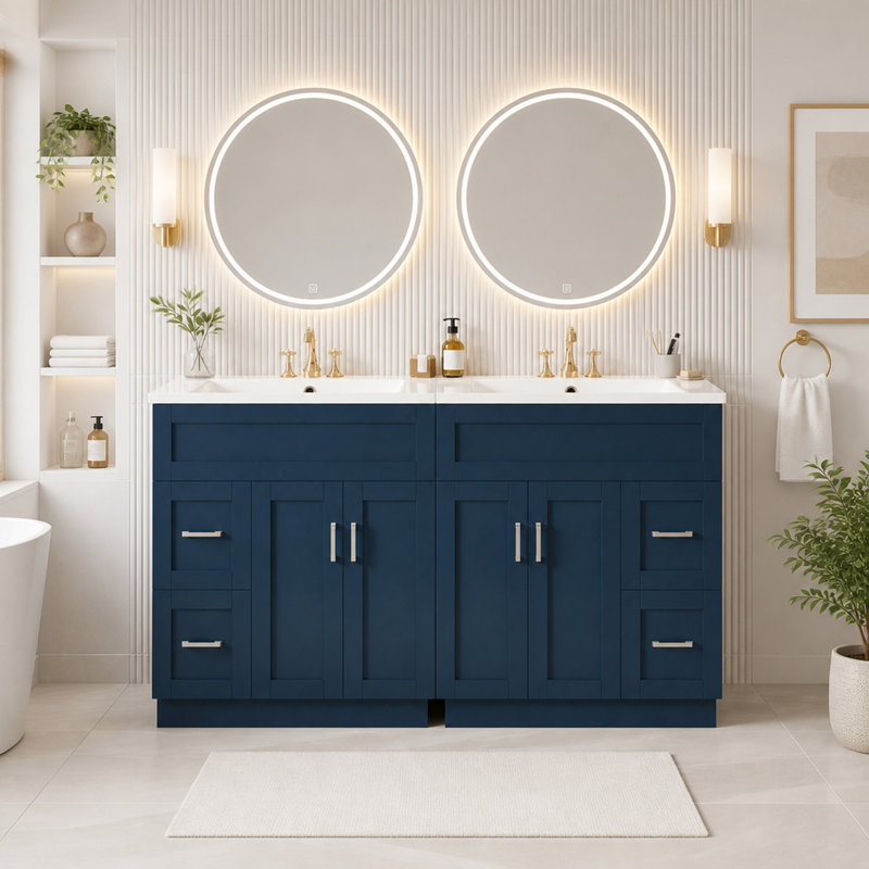 Ensemble de meuble-lavabo avec tiroirs et tablettes réglables et lavabos (comprend 2 meubles-lavabos), Bleu et argent