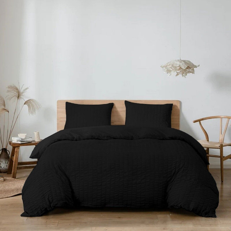 Seersucker Duvet Cover Set with Pillowcases, Black, Double