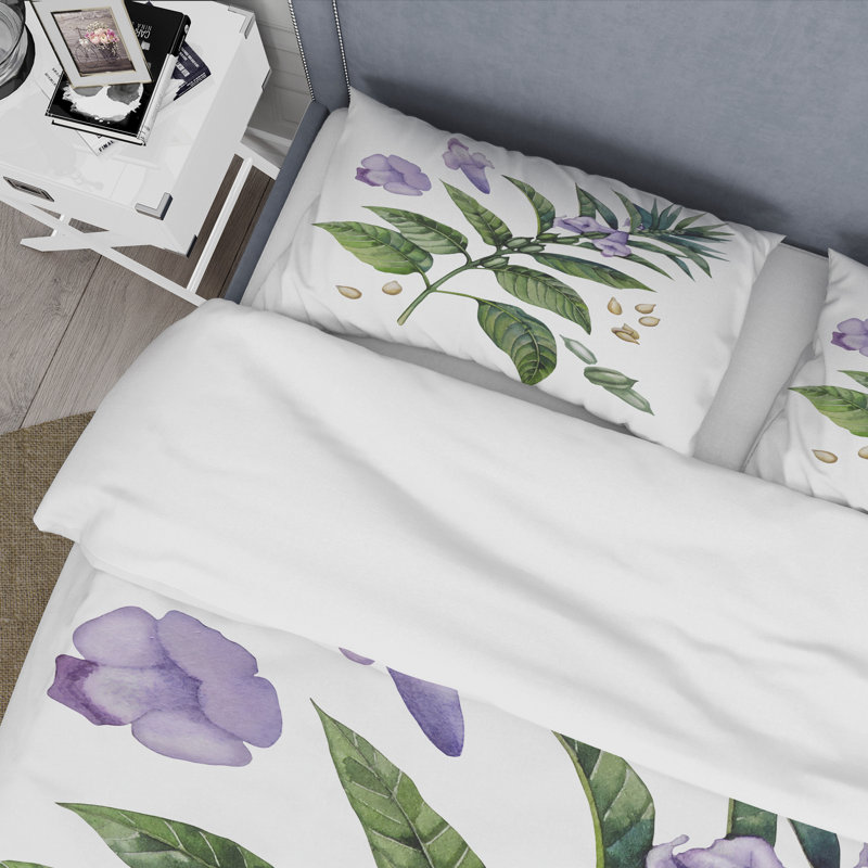 Fleurs de sésame mauves avec feuilles vertes - ensemble de housse de couette traditionnel - microfibre de polyester