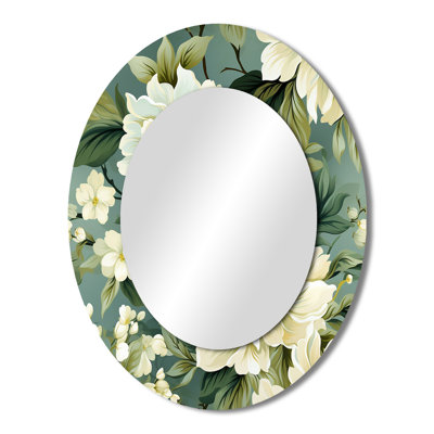 Beige And Green Peonies Damask Serenity - Green Oval Wall Mirror Decor