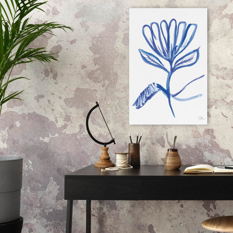 Bleu et blanc, fleur unique - art abstrait floral contemporain unique à l'encre bleue, H 16 po x l 24 po